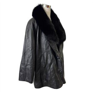 Black Leather Coat Size XL Removable Fox Fur Collar Vintage Y2K